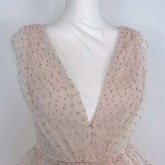 Lulu’s Blush Pink with Gold Dots Tiered Sleeveless Tulle Mini Dress. Size Small - Picture 5 of 12